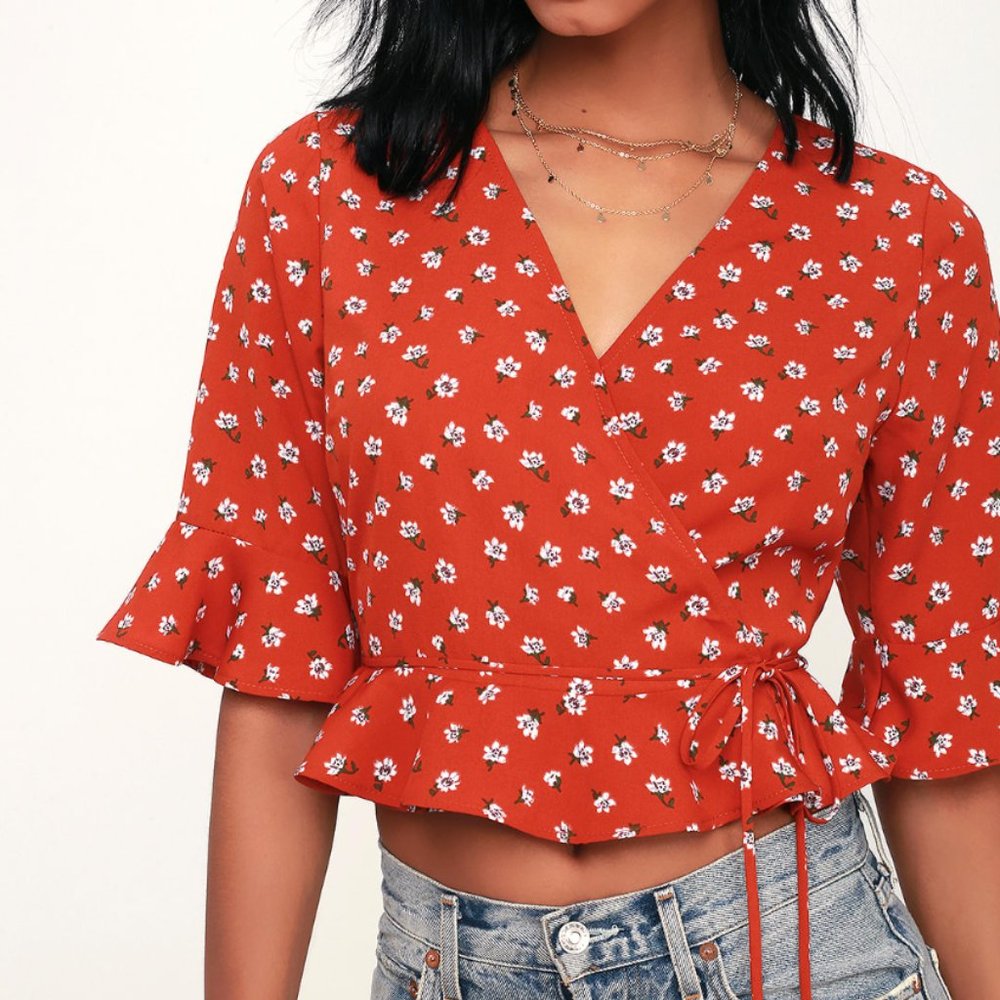 Lulus Melody Moves Rust Red Floral Print Flounce Sleeve Wrap Top